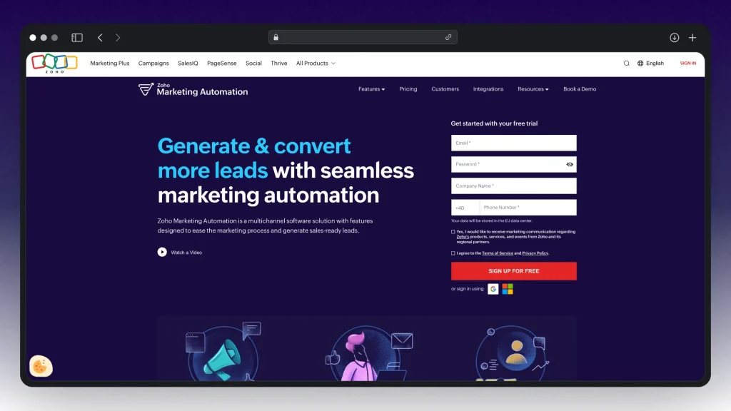 Zoho's landing page for the Marketing Automation tool