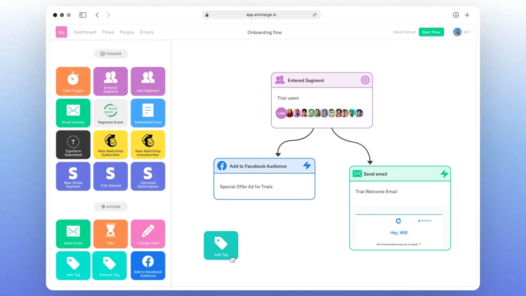 Screenshot of Encharge's email flow builder