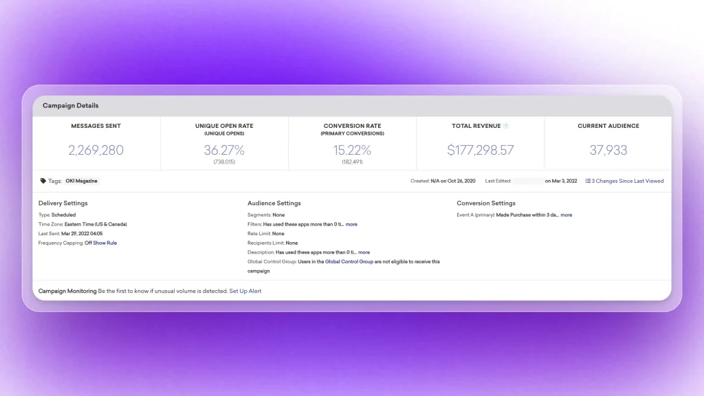 Screenshot of a campaign's analytics and metrics in Braze