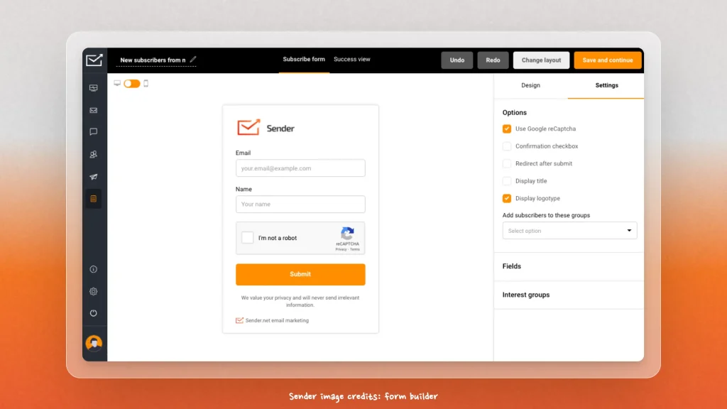 Screenshot of Sender.net's Form Builder