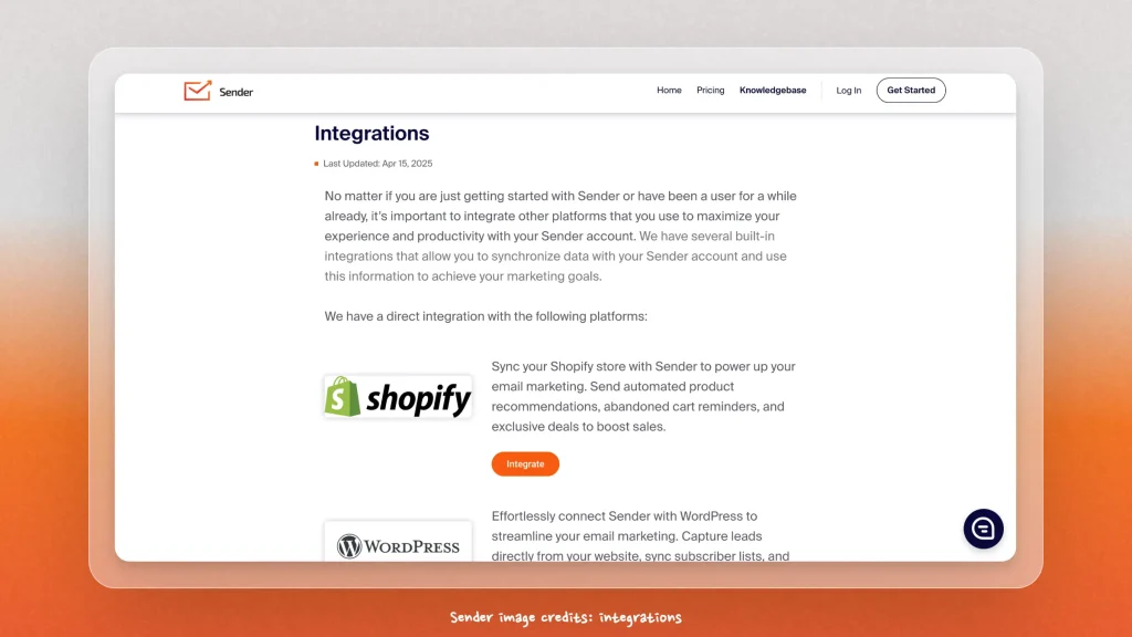 Screenshot of Sender.net's integrations page