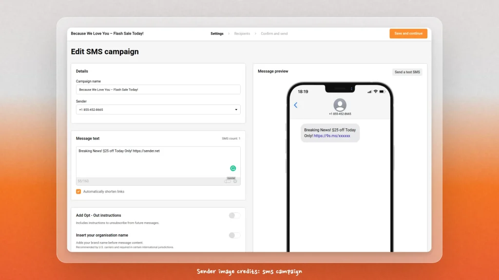 Screenshot of an SMS marketing campaign in Sender.net